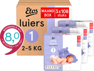 Etos Luiers - Newborn - Maat 1 - 2 tot 5 kg - Maandbox - 324 stuks