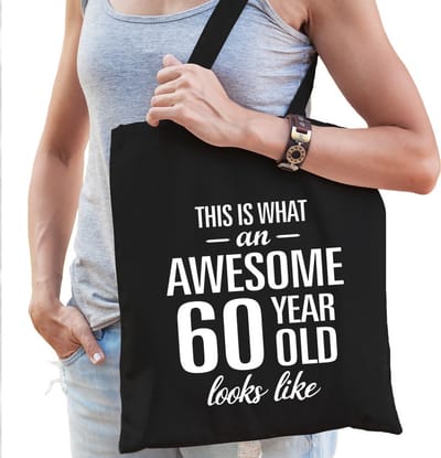 Awesome 60 year - geweldig 60 jaar - cadeau tas - zwart - voor dames - kado tas - verjaardag tasje - shopper