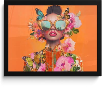 Poster in lijst - Fotolijst 40x30 cm - Posters - Vlinders - Vrouw - Zonnebril - Kleurrijk - Posterlijst zwart - Decoratie - Wanddecoratie woonkamer - Muurdecoratie slaapkamer