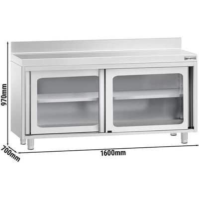 GGM Gastro Edelstahl Arbeitsschrank PREMIUM - 1600x700mm - mit Glasschiebetür & Aufkantung