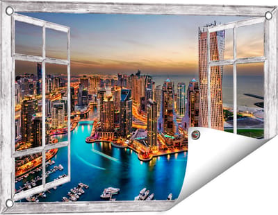 Gards Tuinposter Doorkijk Dubai Haven met de Stad - 60x40 cm - Tuindoek - Tuindecoratie - Wanddecoratie buiten - Tuinschilderij