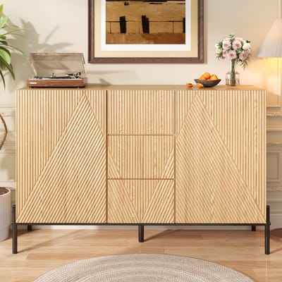 Modern sideboard - Natuurlijke houtlook - Geometrisch reliëfdesign met 2 deuren en middenlade - Verstelbare planken, stabiele ijzeren poten - Multifunctioneel voor woonkamer, eetkamer en hal