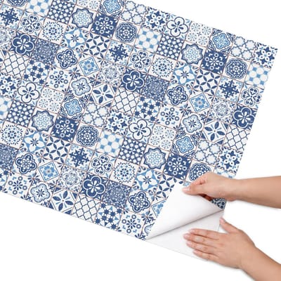 Coloray Meubel Wrap Folie - Blauw Meubelfolie - 75x150 cm - Wrapfolie Keuken Blauw mozaïek - Decoratiefolie - Geometrische Meubelfolie - Meubel Wrap Folie - Woonkamer decoratie - Achtergronden en patronen