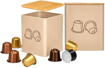 Kinvara Koffie cups/capsules houder - 2x - metaal - 14 x 14 x 16 cm - voor 50 capsules - beige
