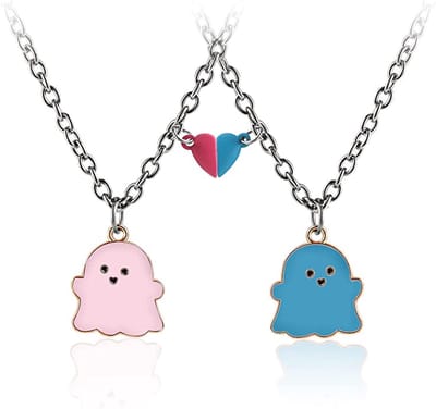 Bixorp Friends BFF Ketting voor 2 met Spookjes & Magnetisch Hartje - Roze/Blauw - Zilverkleurig - "Best Friends" - Vriendschapsketting