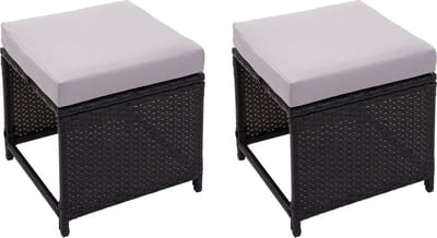 Set van 2 polyrotan krukken MCW-G16, tuinkrukken, horeca ~ zwart, kussens lichtgrijs