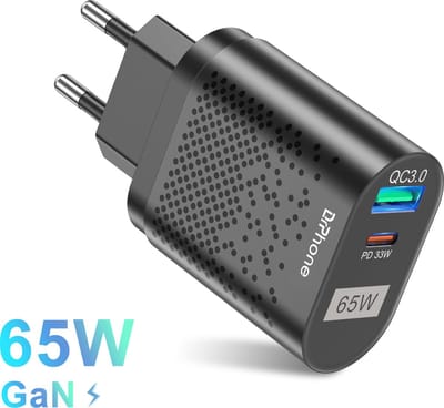 DrPhone WL12 – GaN Thuislader 65W – Qualcomm Quick Charge 3.0/4.0 + USB-C PD 3.0 – 2 Poorts Snellader – Voor Smartphone, Tablet & Laptop – Zwart