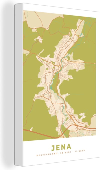 Canvas Schilderij Kaart - Vintage - Jena - Stadskaart - Plattegrond - 20x30 cm - Wanddecoratie