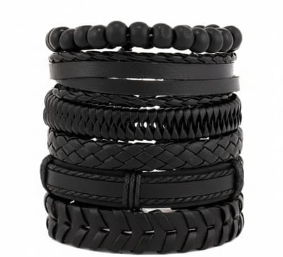 6-delige set zwarte armbanden voor heren – combinatie van kralen, gevlochten en glad imitatieleer – verstelbaar