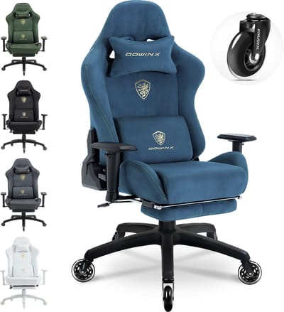 Dowinx Ergonomische Gamingstoel – Verstelbaar Massage-Lendenkussen – Microvezel Velours – Dik Zitkussen – Uitschuifbare Voetensteun – Verstelbare Armleuningen – 160° Verstelbare Rugleuning – blauw