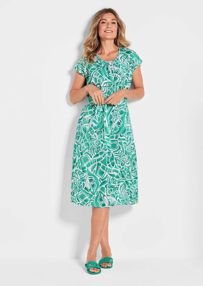 Linnen jurk met all-over print & strikceintuurtje - groen / gedess. - Gr. 19 van Goldner Fashion