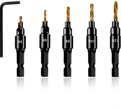 Set van 5 verzonken boorkoppen, titanium gecoat, voor het inbedden van ankers, 1/4 inch hex shank, inclusief inbussleutel en precisieboor.