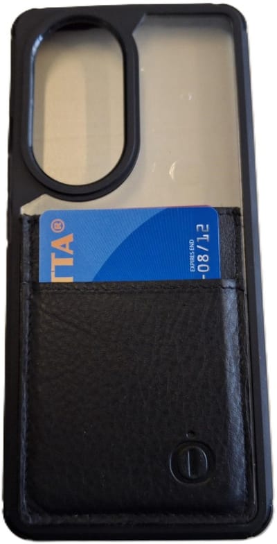 Oi zwart lederen pasjesmapje om op telefoon te plakken / pasjeshouder voor op telefoon met plakstrip / plat hoesje om op telefoon te bevestigen / zwart leer / 640