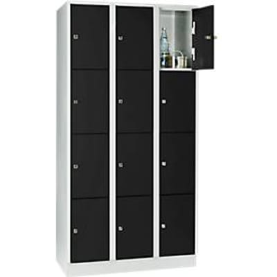 Vakkenkast 300 mm, 3 afdelingen, 12 vakken, veiligheidscilinderslot, sokkel, diepzwart