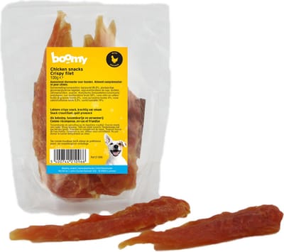 Boomy – Natuurlijke hondensnacks - Gezonde hondensnoepjes - Gedroogde kipfilet – Hersluitbare verpakking - 3 x 100g