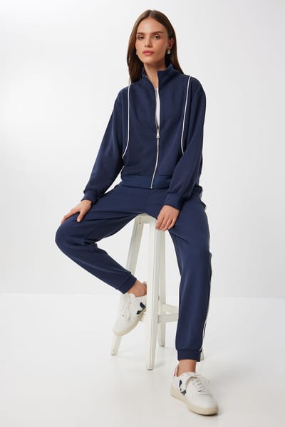 Contrast Binding Gedetailleerde Rits Sweater & Jogger Twee-Delige Set