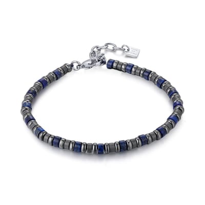 Twice As Nice Armband in edelstaal, ringetjes in hematiegrijs en blauw 19cm+3cm