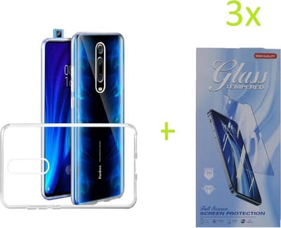 Hoesje Geschikt voor: Xiaomi Mi 9T / 9T Pro / Redmi K20 / Redmi K20 Pro Transparant TPU Silicone Soft Case + 3X Tempered Glass Screenprotector