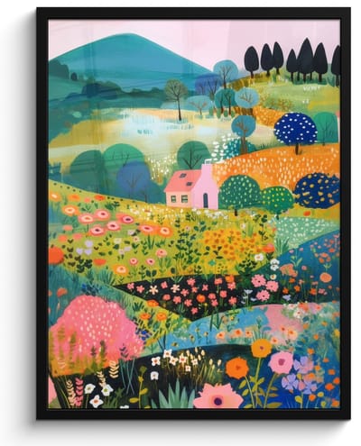 Poster in lijst - Fotolijst 50x70 cm - Posters - Heuvellandschap - Fantasierijk - Kleurcontrasten - Posterlijst zwart - Decoratie - Wanddecoratie woonkamer - Muurdecoratie slaapkamer