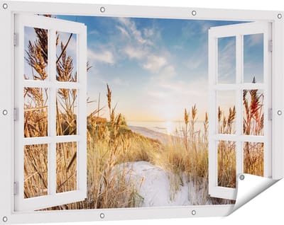 Gards Tuinposter Doorkijk Strand en Zee vanuit Duinen met Zonsondergang - 120x80 cm - Tuindoek - Tuindecoratie - Wanddecoratie buiten - Tuinschilderij