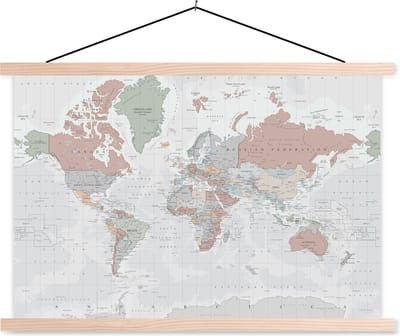 Wereldkaart Vintage Pastel schoolplaat platte latten blank 150x100 cm - Foto print op textielposter (wanddecoratie woonkamer/slaapkamer)