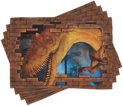 ABAKUHAUS Dinosaurus-placematten, Tyrannosaurus breekt door een bakstenen muur – angstaanjagende taferelen: jungle, huisinvasie. Wasbare stoffen placematten, eetkamer/keuken, tafeldecoratie, digitaaldruk, oranje