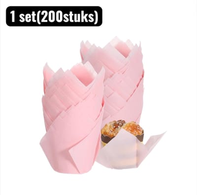 1 set（200stuks） - Bakvormen - Vlammende Tulpen Cakevormpjes - Voedselveilig Bakpapier Muffin Cups， Hittebestendig en Vetwerend voor Cupcakes en Gebak - Roze