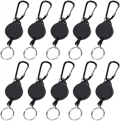 Fako Bijoux - Uittrekbare Sleutelhanger Met Clip - Voor Sleutels & Pasjes - Sleutelhanger Met Koord - Zwart - 10 Stuks