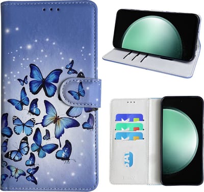 Hoesje geschikt voor Samsung Galaxy S23 FE Bookcase met Blauw vlinder print