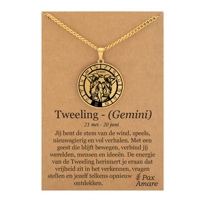 Sterrenbeeld Tweelingen (Gemini) Ketting op Cadeau Kaartje - Goudkleurig - Roestvrij Staal Zodiac Talisman - Stainless Steel - 60cm - Pax Amare