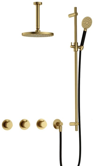 Hotbath Cobber IBS70 inbouw regendoucheset met ronde handdouche aan glijstang en 20cm ronde hoofddouche aan 15cm plafondarm geborsteld messing PVD