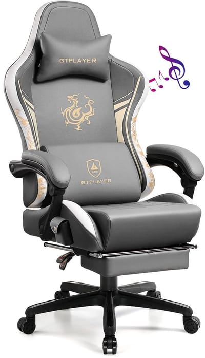 GTPLAYER - Dragon Series Gamingstoel - Met Bluetooth Luidsprekers en Voetsteun - Grijs