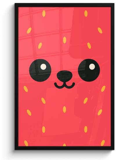 Poster in lijst - Fotolijst 60x90 cm - Posters - Kat - Aardbei - Cartoon - Posterlijst zwart - Decoratie - Wanddecoratie woonkamer - Muurdecoratie slaapkamer