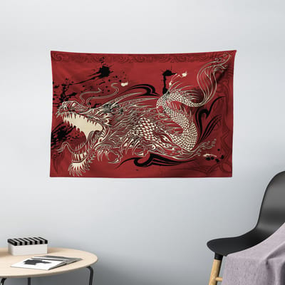 ABAKUHAUS Oosters Wandtapijt, Japanse Drakenkrabbel, Woonkamer Slaapkamer Wanddoek Zijdezacht Satijn Wandtapijt, 150 x 100 cm, Ivoor en Robijn