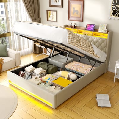 MODFU Luxe Gestoffeerd Kingsize Bed 180x200 cm – 216x162,5x117 cm – Fluweel beige – Ergonomisch hoofdbord – Incl. lattenbodem