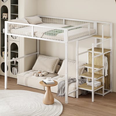 MEUNIQ Hoogslaper 140x200 met veiligheidsladder, metalen bedframe, lattenbodem en opbergruimte voor kinderkamer, wit