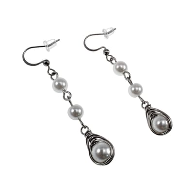 Haakoorbellen met Witte Schelpparels, Lange Oorbellen Dames, RVS - Lengte 55 mm - Handgemaakt door esde2