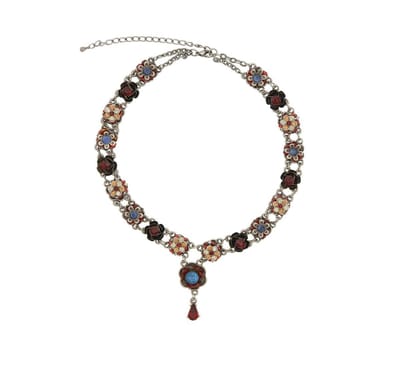 Behave - Ketting multi-color blauw rood met bloemen en steentjes - 35 cm