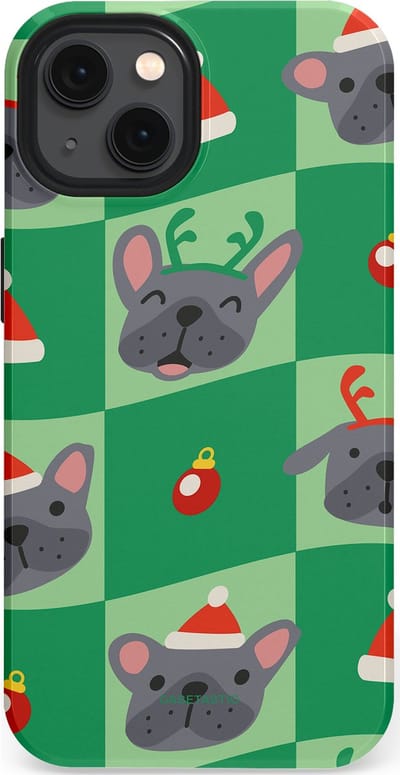 Casetastic hoesje geschikt voor Apple iPhone 13 - MagSafe - Dubbellaagse bescherming - Schattige Kersthondjes - Fashion Case - Groen Grijs