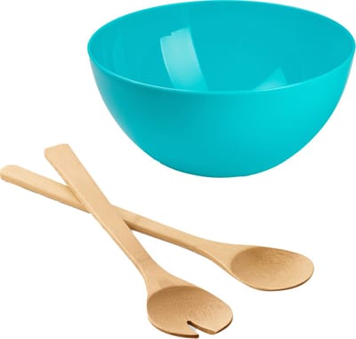 Salade/fruit serveer schaal - blauw - kunststof - Dia 28 cm - met bamboe Sla couvert/bestek van 30 cm