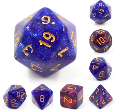 Polyset Dice | Dobbelstenen - Set Van 7 Stuks - Rood Roze Blauw Glitters en Goud| Polydice | Voor D&D en Andere Rollenspellen | Plastic Dobbelstenen Set voor Dungeons and Dragons | Polyhedral Dice Set | Mooie Zwarte Velvet Dice Bag voor 3 Sets