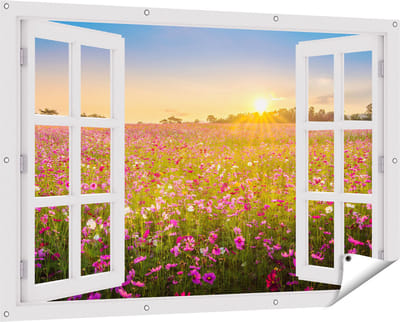 Gards Tuinposter Doorkijk Bloemenveld met Roze Kosmos - 150x100 cm - Tuindoek - Tuindecoratie - Wanddecoratie buiten - Tuinschilderij