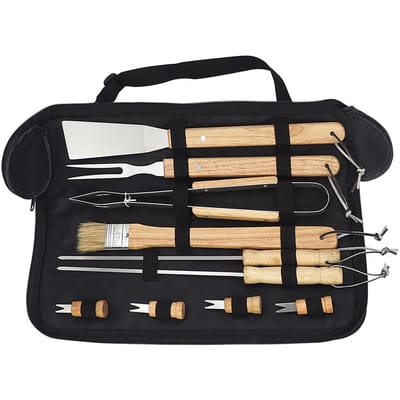 Ensemble de 10 ustensiles de cuisson en acier inoxydable avec manche en bois pour barbecue pique-nique beige