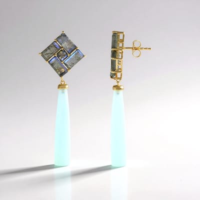 Cavill - Zilveren Oorbellen 925 Sterling - Gouden Plating - 1 53 ct Aqua Chalcedoon - 8 73 ct Blauwe Labradoriet - Elegant - 53 mm