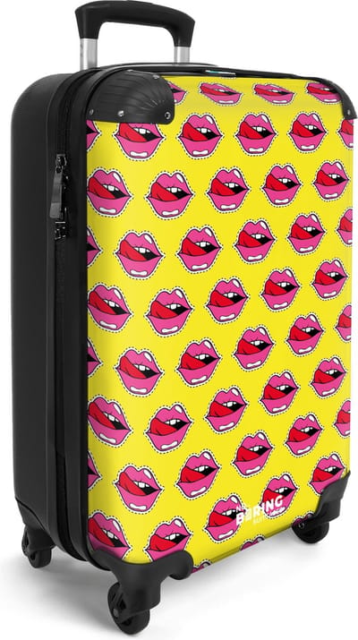 NoBoringSuitcases.com® - Handbagage reis koffer lichtgewicht - Reiskoffer trolley - Gele rolkoffer op wieltjes met roze lippen - Valiezen reistrolley koffertje volwassesen - Past binnen 55x40x20 en 55x35x25