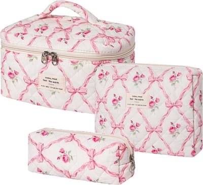 3 Delige Draagbaar Make-up Tas Set - Toilettas - Bloemen - Rozen - Zacht - Katoen - Make-Up - Tas - Vrouwen - Meisjes - Met Rits - Cosmetische Organizer - Roze - Reisaccessoires - Reisbenodigdheden