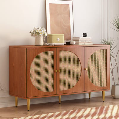 DESMIU Dressoir - Met Rotanlook En Verstelbare Planken - 3 Deuren Voor Woonkamer Slaapkamer Of Hal - Spaanplaat - 129,8x40x76 Cm - Walnoot