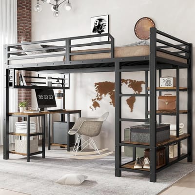 Hoogslaper met Bureau - Stapelbed Kinderbed - Studeren en Slapen - Geïntegreerd Bureau en Legplank - 120x200cm - Zwart