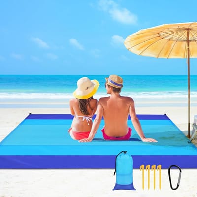 Famanu – Grote zandbestendige stranddeken, 210 cm x 200 cm, waterdicht, met opbergtas en bevestigingsspijkers, voor strand en picknick