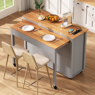MODENUIT Keukeneiland - Uitschuifbaar Werkblad En Stopcontacten - Voor Keuken - MDF - 120x40-75x92 Cm - Grijs